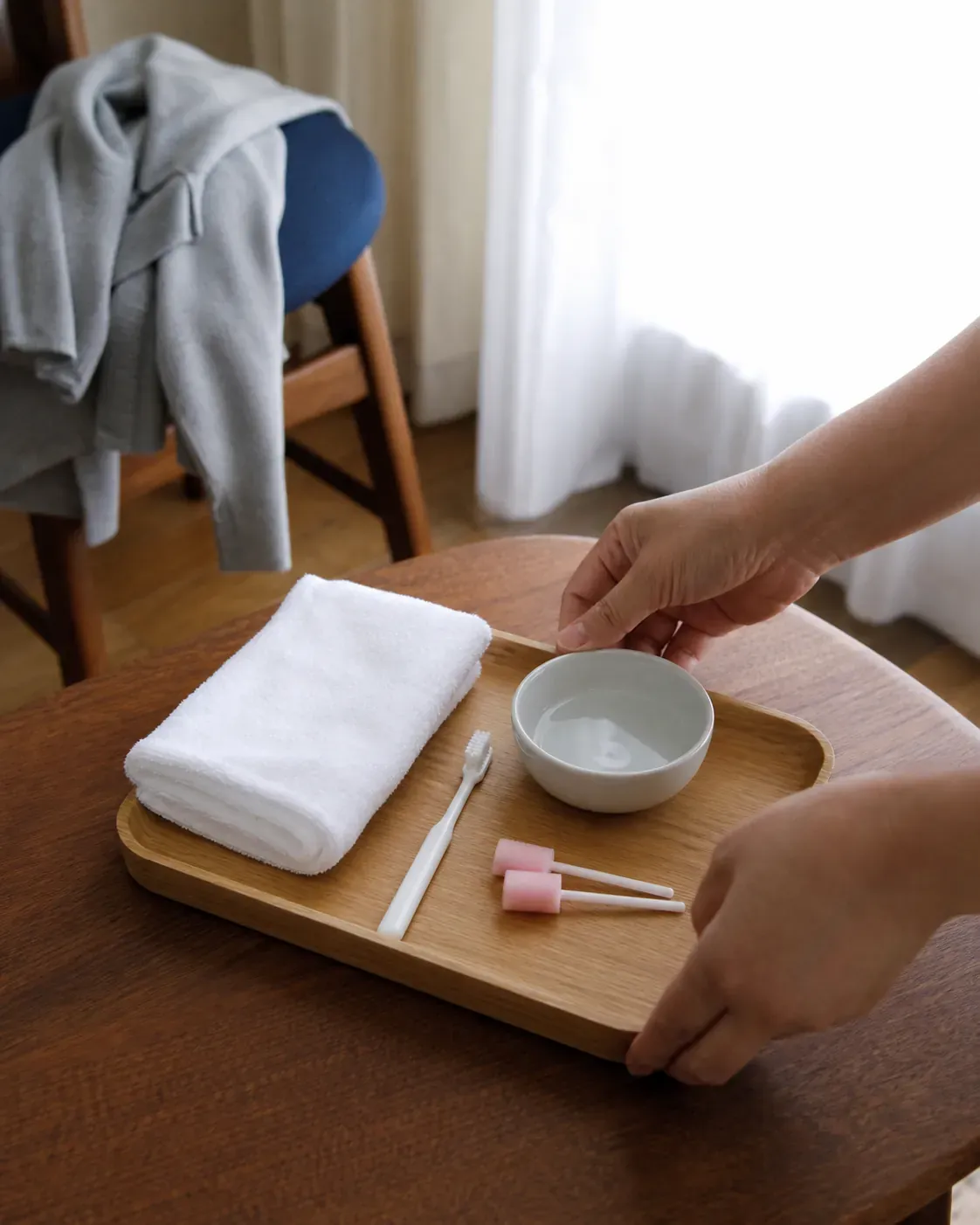 訪問先で口腔ケアの道具を整えるイメージ
